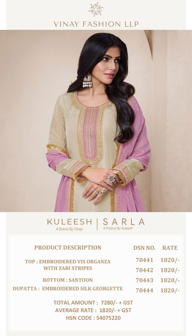 Sarla By Vinay Kuleesh Organza Embroidery Salwar Kameez Wholesale Shop in Surat
